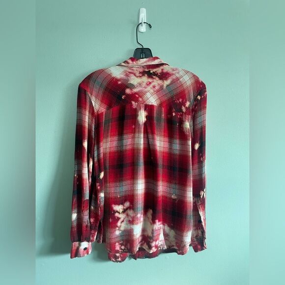 Handmade Upcycled Bleached Tie Dye Red and Black Plaid Button-Up Shirt Womens XS - Picture 5 of 6
